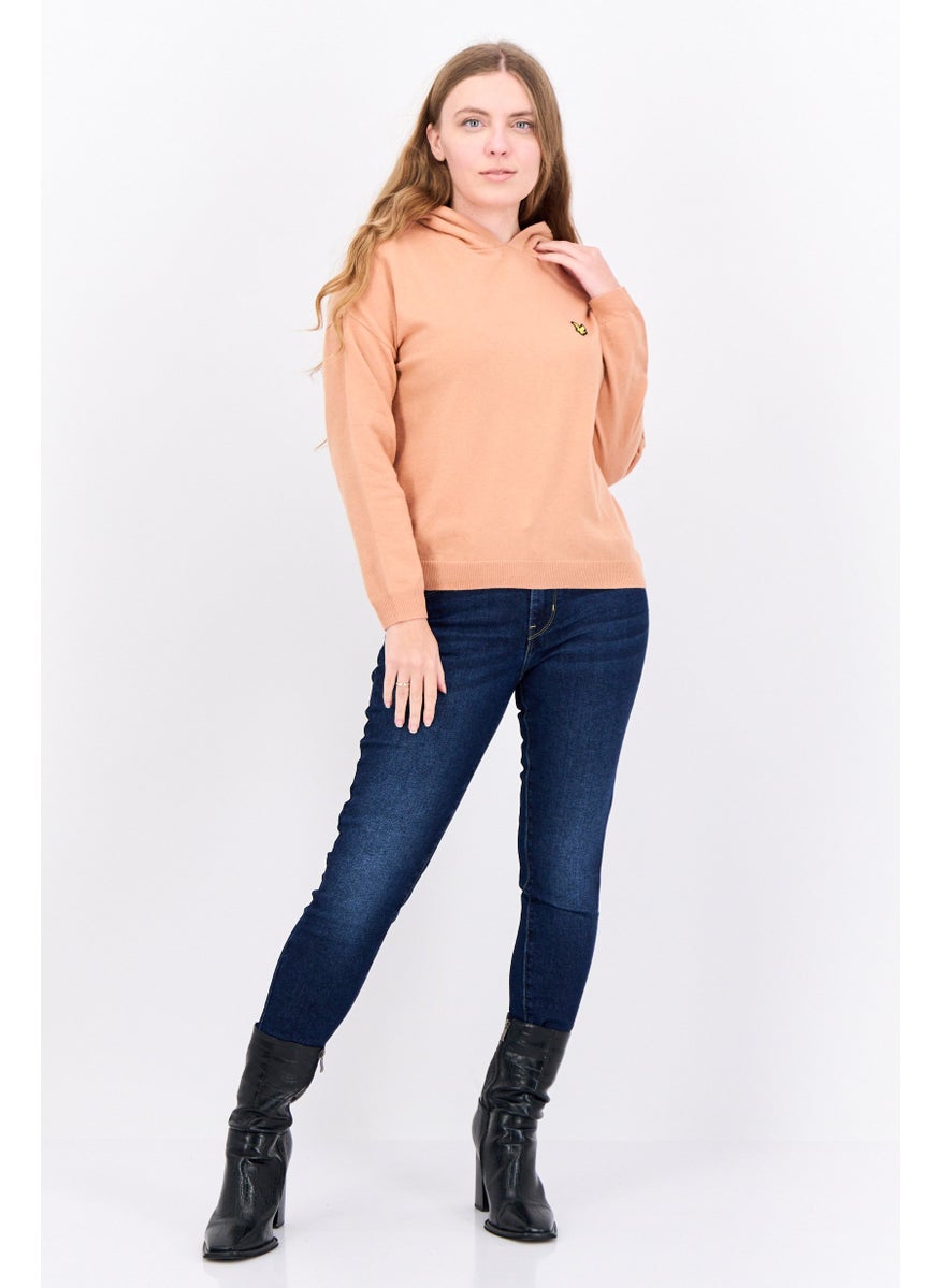 Women Hooded Embroidered Logo Sweater, Peach