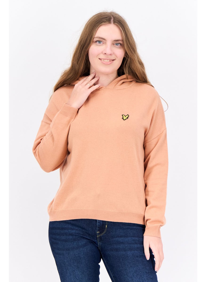 Women Hooded Embroidered Logo Sweater, Peach
