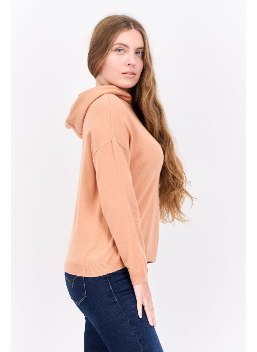 Women Hooded Embroidered Logo Sweater, Peach