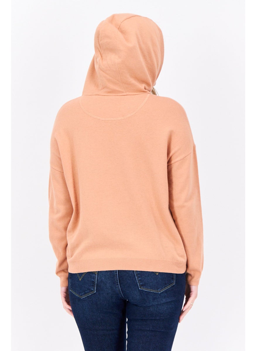 Women Hooded Embroidered Logo Sweater, Peach