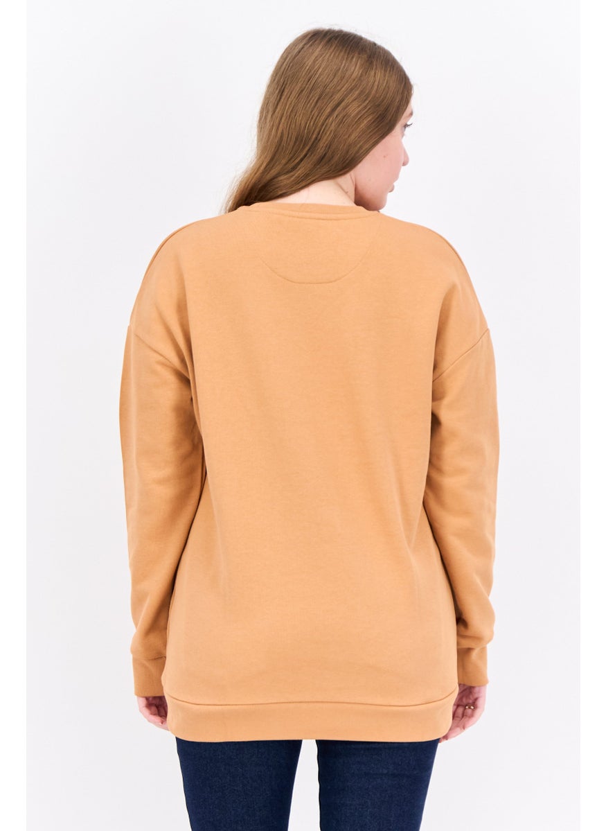 Women Crew Neck Brand Logo Long Sleeves Sweatshirt, Tan