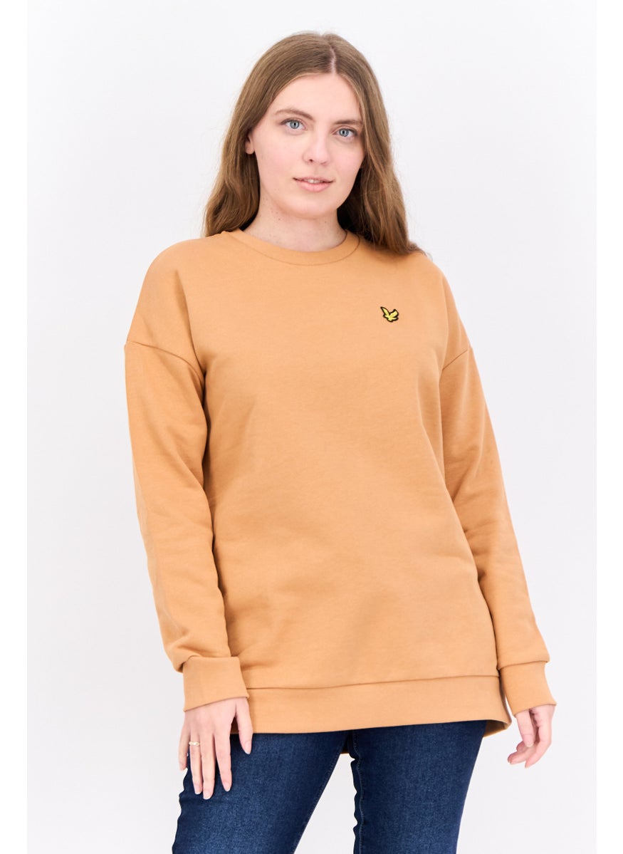 Women Crew Neck Brand Logo Long Sleeves Sweatshirt, Tan