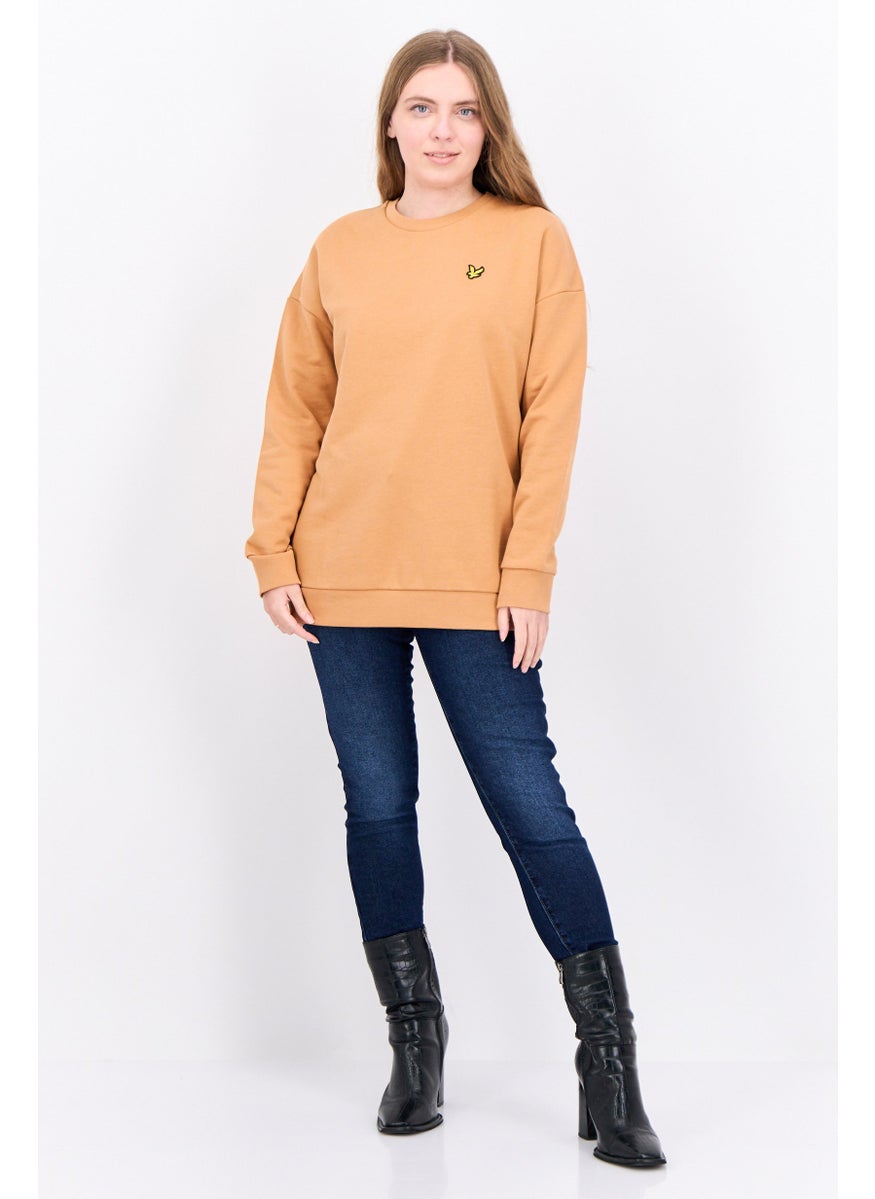 Women Crew Neck Brand Logo Long Sleeves Sweatshirt, Tan