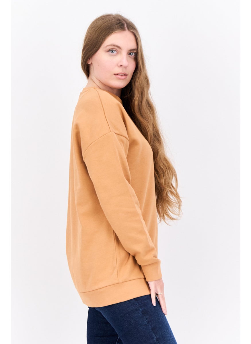 Women Crew Neck Brand Logo Long Sleeves Sweatshirt, Tan