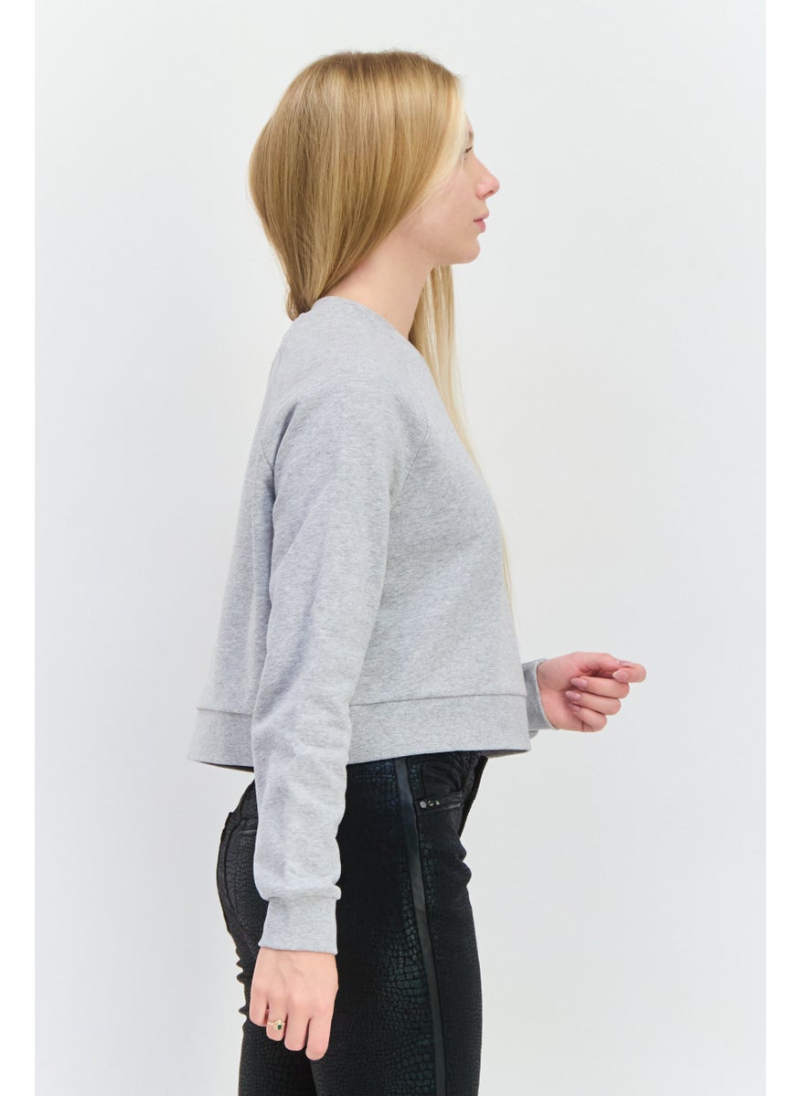 Women Crew Neck Embroidered Logo Cropped Sweatshirt, Grey