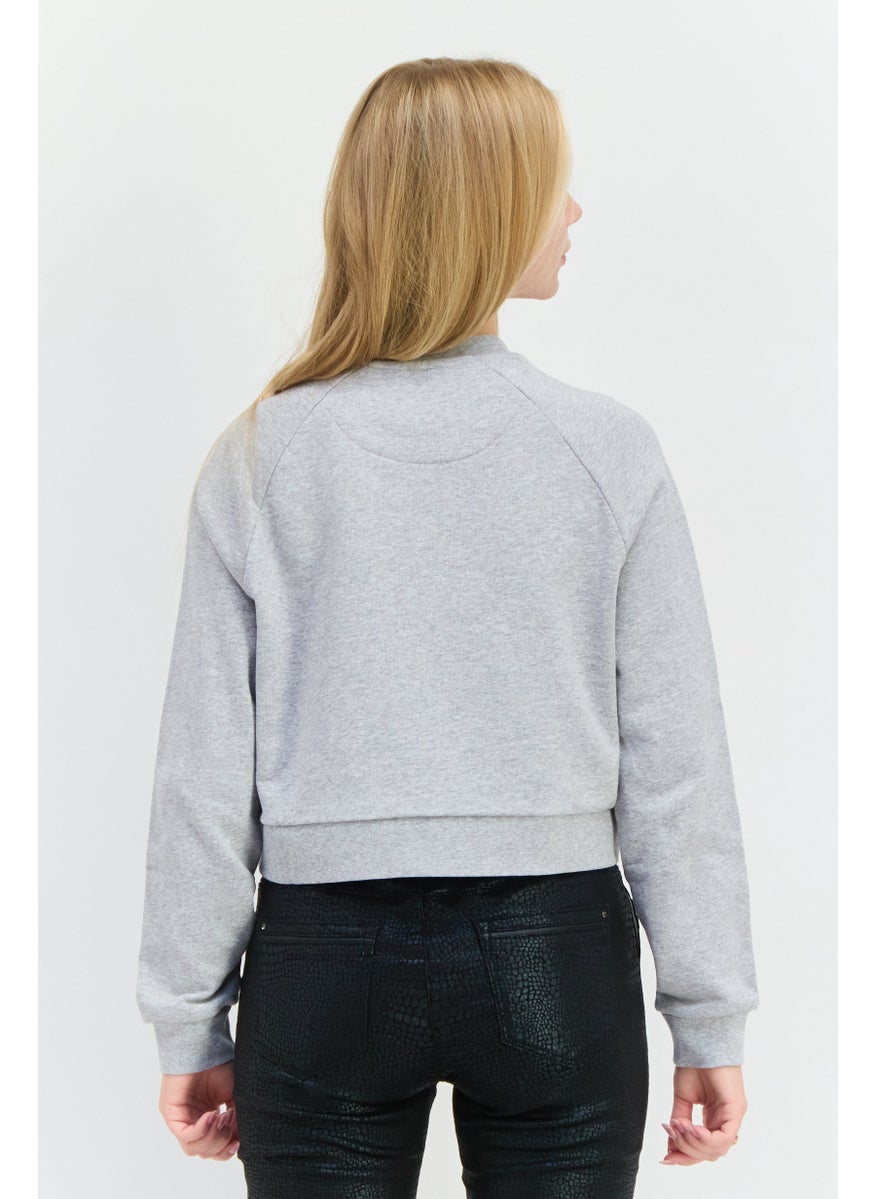 Women Crew Neck Embroidered Logo Cropped Sweatshirt, Grey