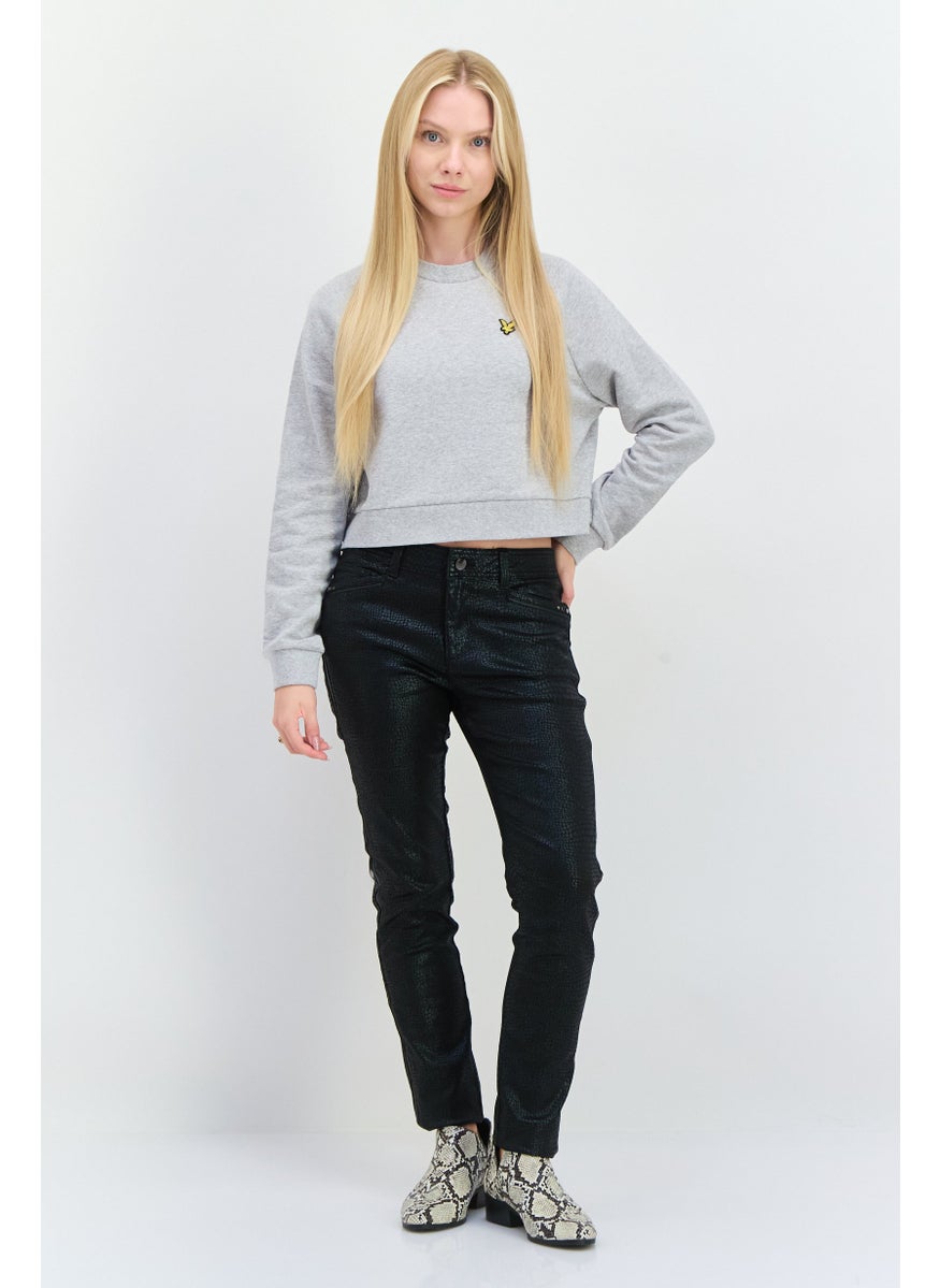 Women Crew Neck Embroidered Logo Cropped Sweatshirt, Grey