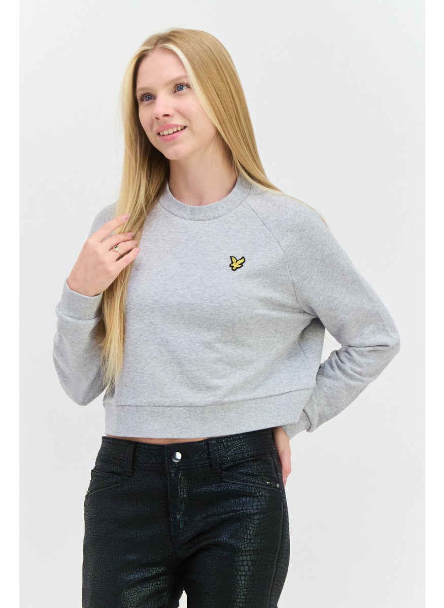 Women Crew Neck Embroidered Logo Cropped Sweatshirt, Grey