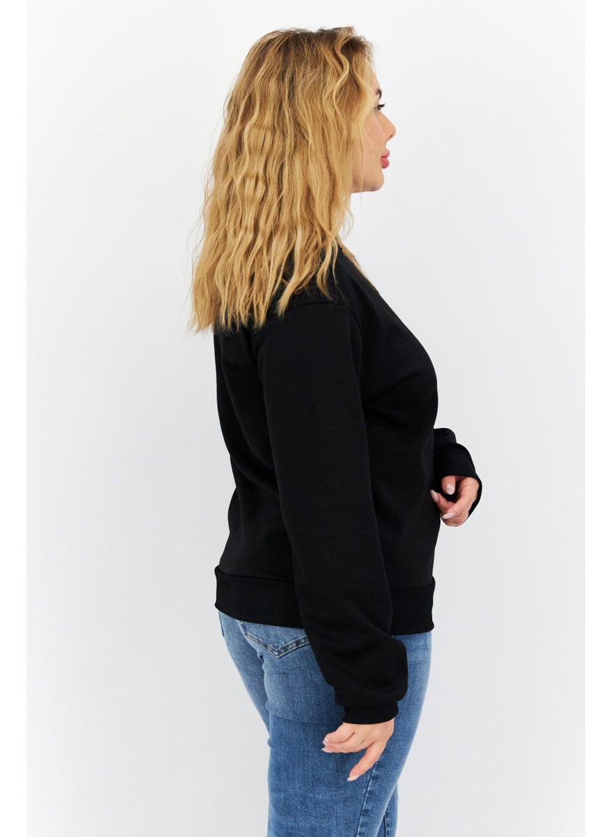 Women Crew Neck Brand Logo Long Sleeve Sweatshirts, Black