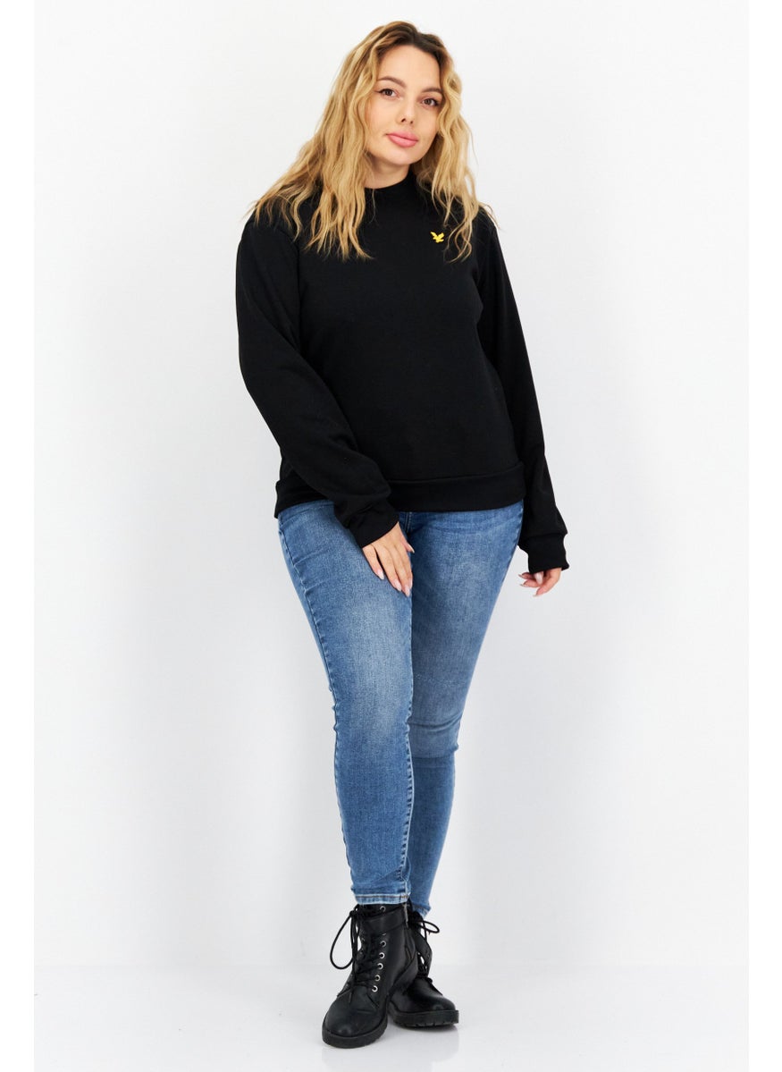 Women Crew Neck Brand Logo Long Sleeve Sweatshirts, Black
