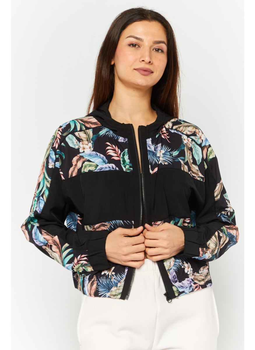 Women Sportswear Fit Floral Pattern Running Sweatshirts, Black