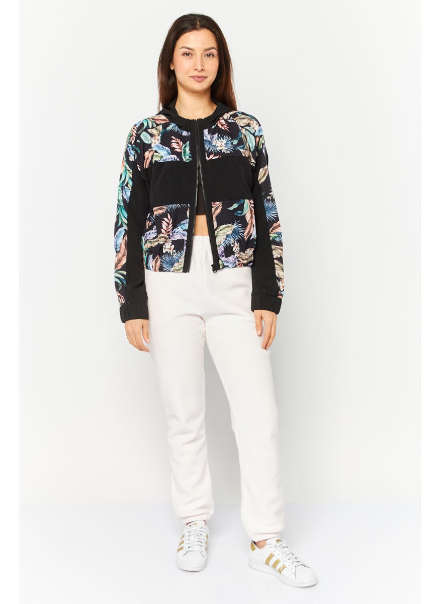 Women Sportswear Fit Floral Pattern Running Sweatshirts, Black