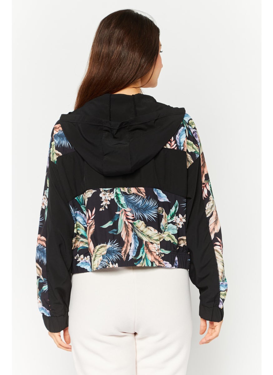 Women Sportswear Fit Floral Pattern Running Sweatshirts, Black