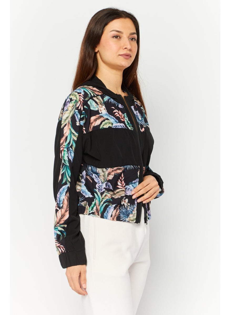 Women Sportswear Fit Floral Pattern Running Sweatshirts, Black