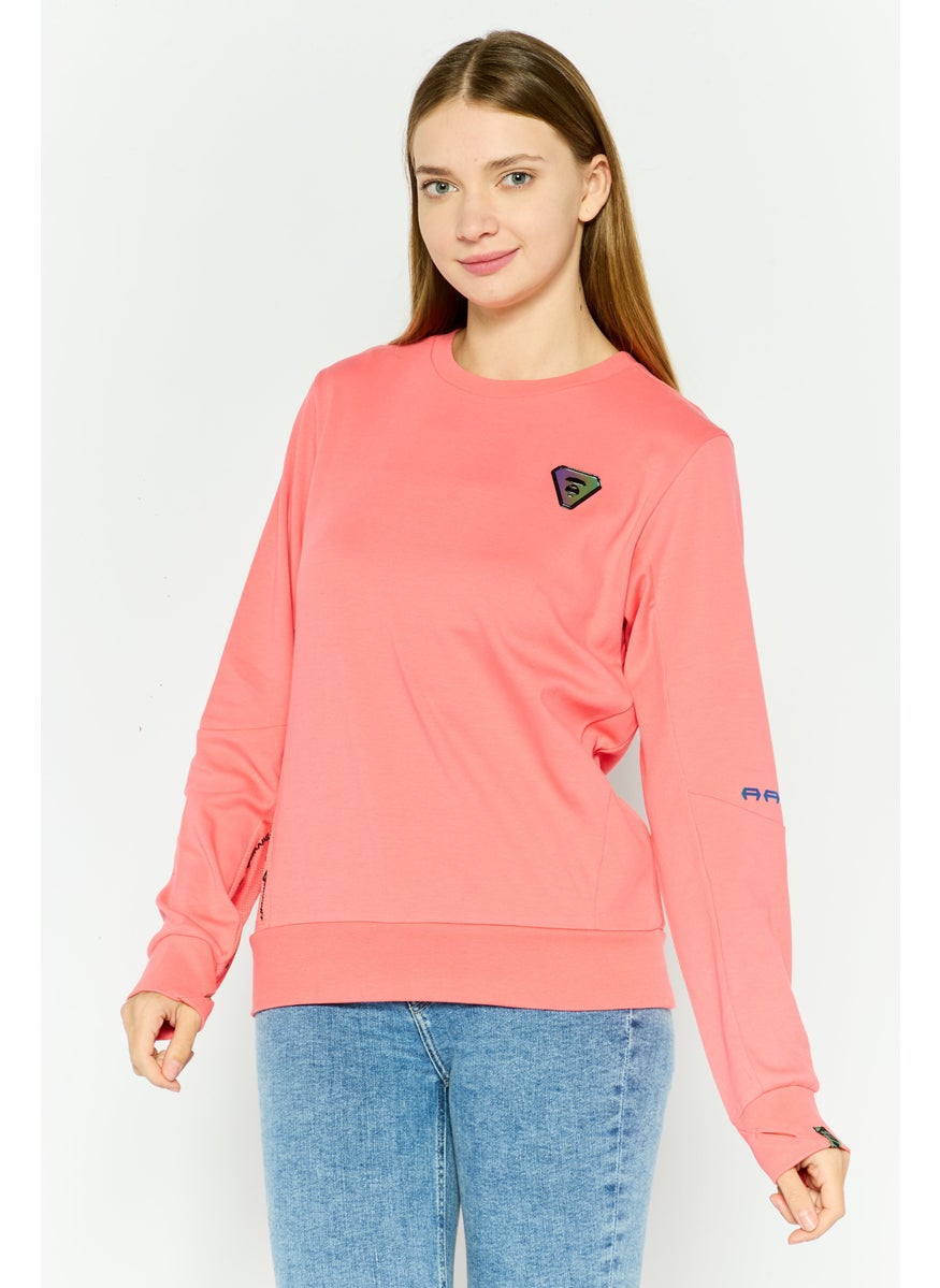 Women Crew Neck Brand Logo Sweatshirt, Coral