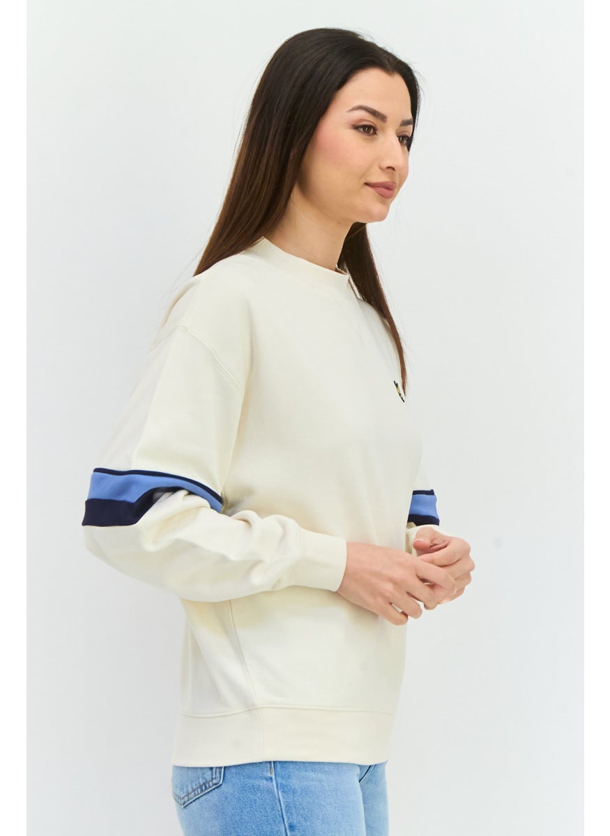 Women Crew Neck Long Sleeves Embroidered Logo Sweatshirt, Cream Combo