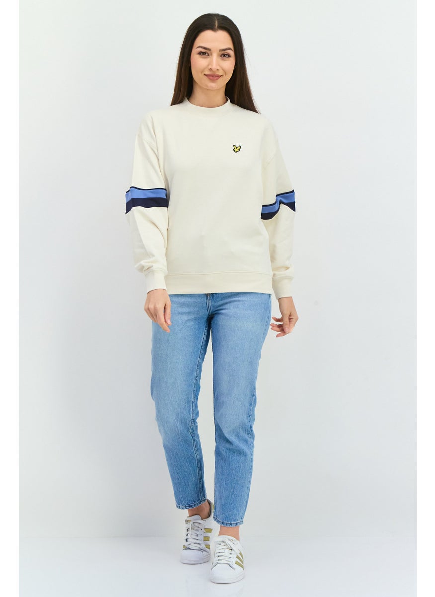 Women Crew Neck Long Sleeves Embroidered Logo Sweatshirt, Cream Combo