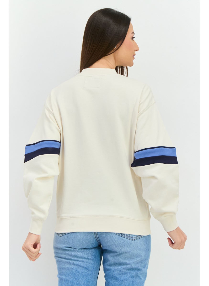 Women Crew Neck Long Sleeves Embroidered Logo Sweatshirt, Cream Combo
