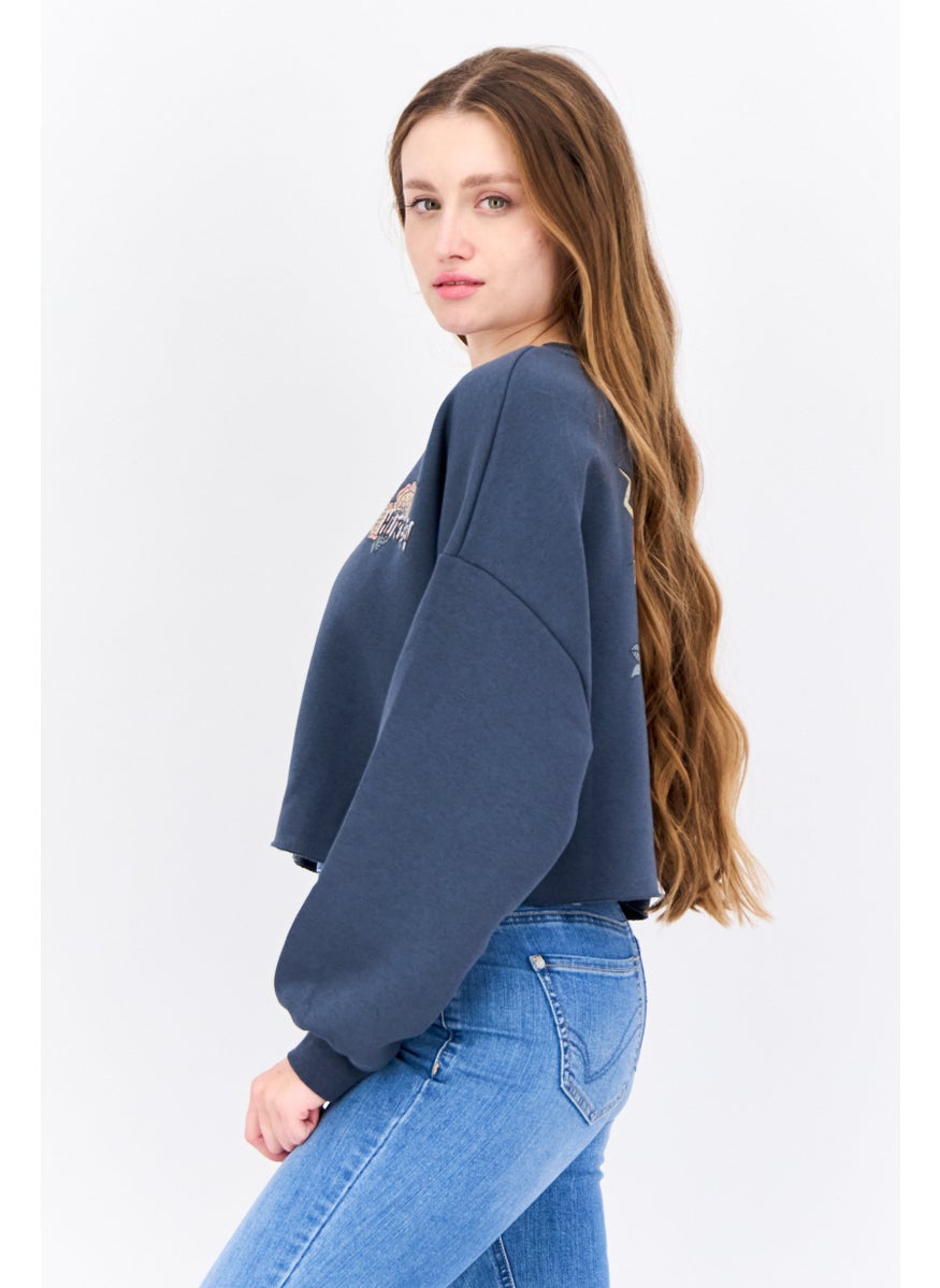 Women Crew Neck Long Sleeve Fleece Sweatshirt, Slate Grey