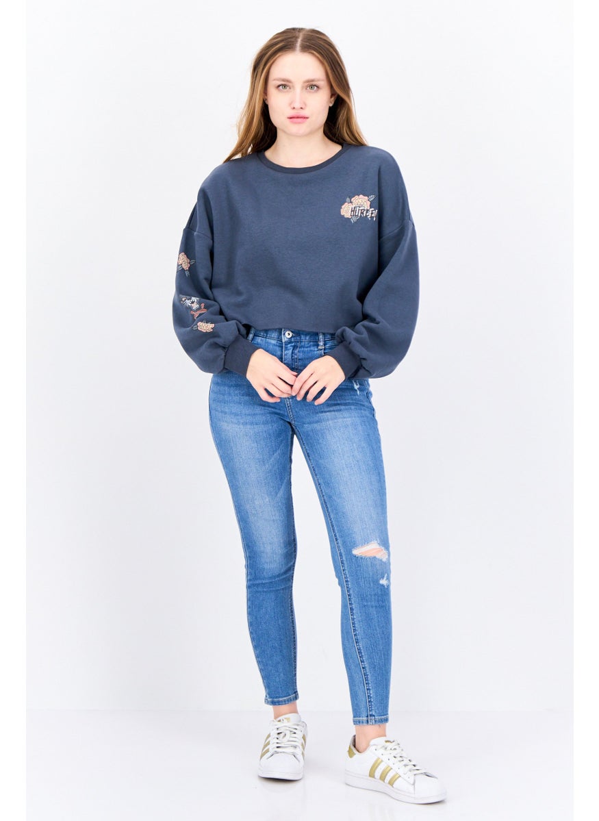 Women Crew Neck Long Sleeve Fleece Sweatshirt, Slate Grey