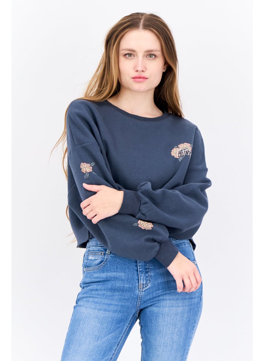 Women Crew Neck Long Sleeve Fleece Sweatshirt, Slate Grey