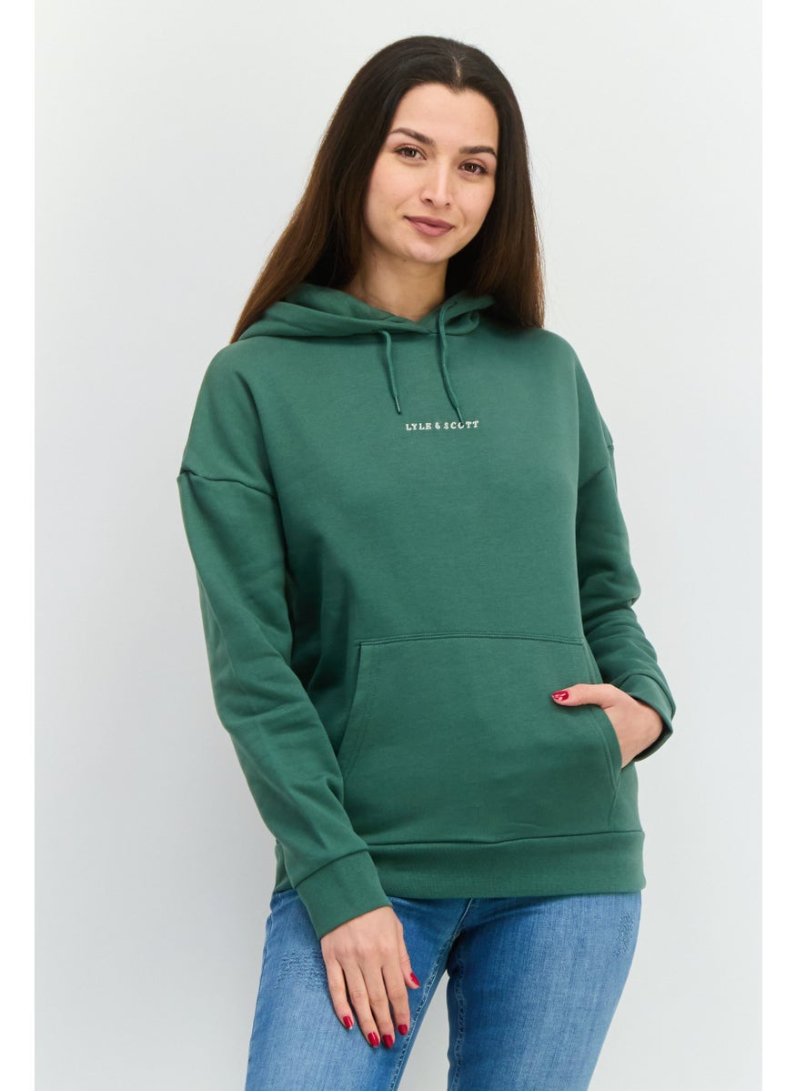 Women Hooded Long Sleeves Embroidered Logo Sweatshirt, Green