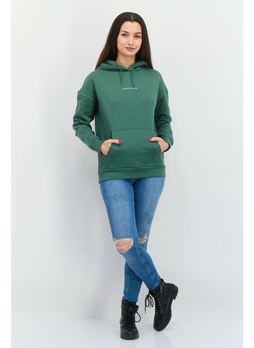Women Hooded Long Sleeves Embroidered Logo Sweatshirt, Green