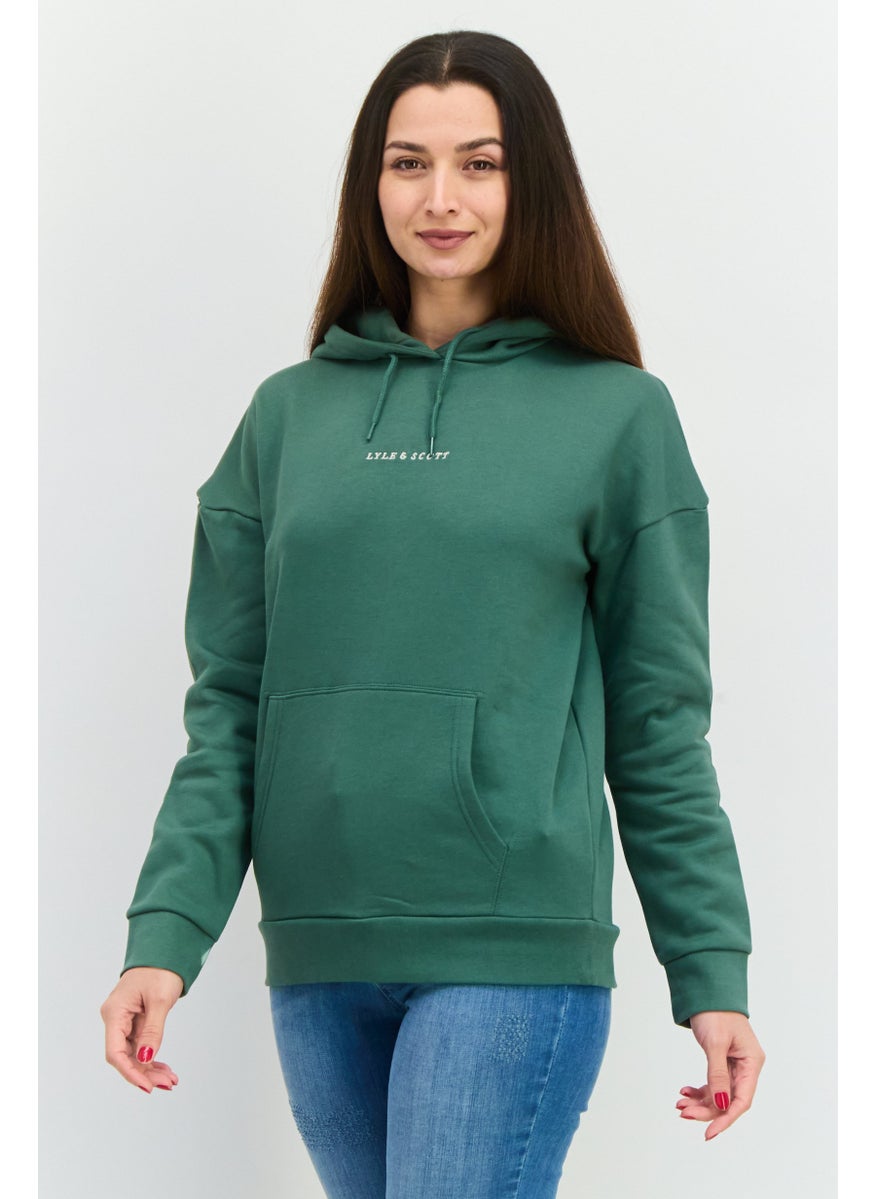 Women Hooded Long Sleeves Embroidered Logo Sweatshirt, Green