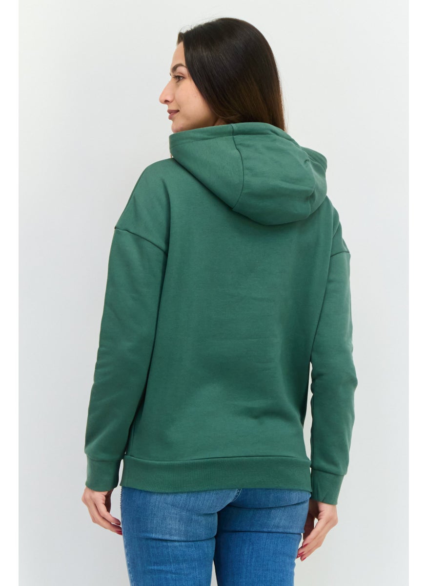 Women Hooded Long Sleeves Embroidered Logo Sweatshirt, Green