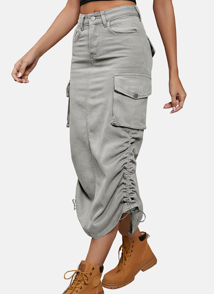 Grey Mid Rise Plain Midi Skirt
