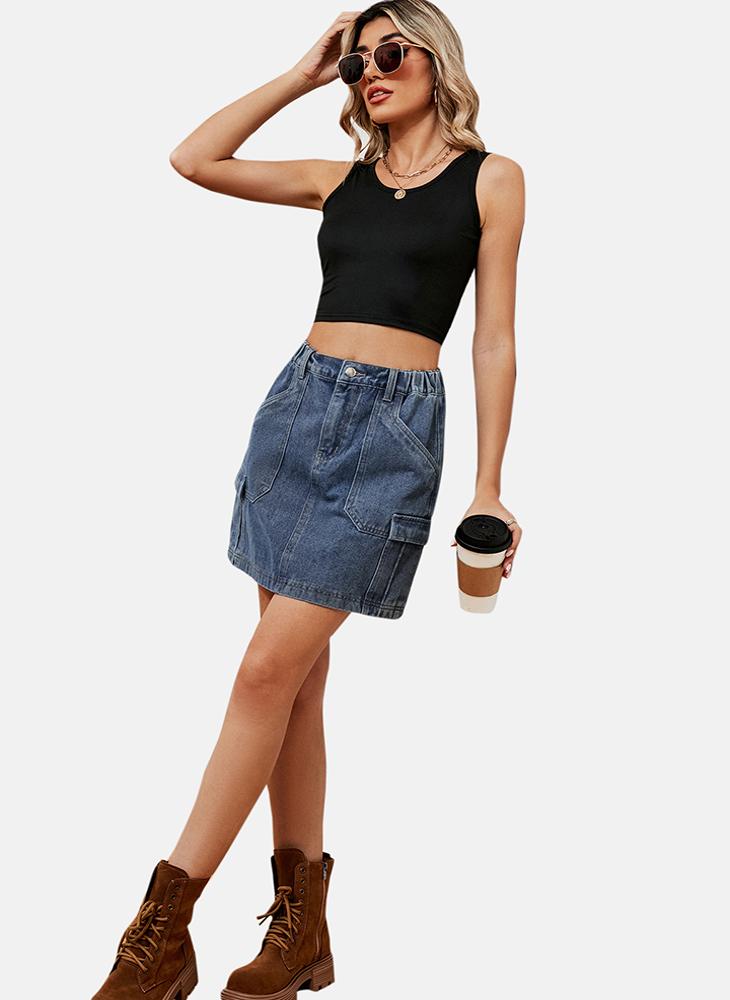 Blue Mid Rise Plain Mini Skirt