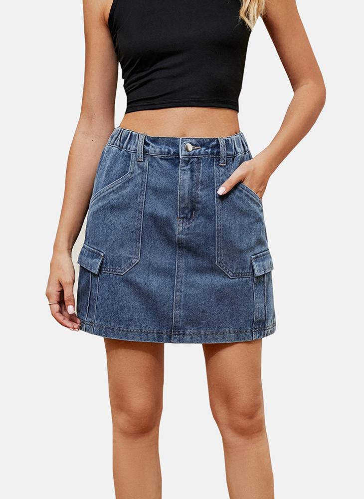 Blue Mid Rise Plain Mini Skirt