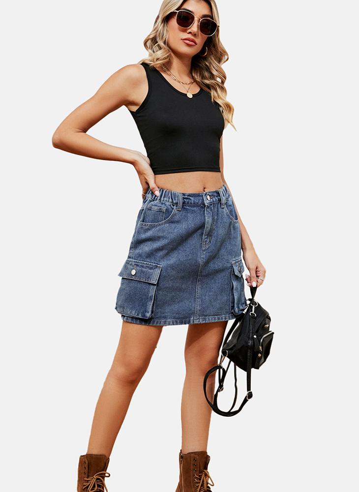 Blue Mid Rise Plain Mini Skirt