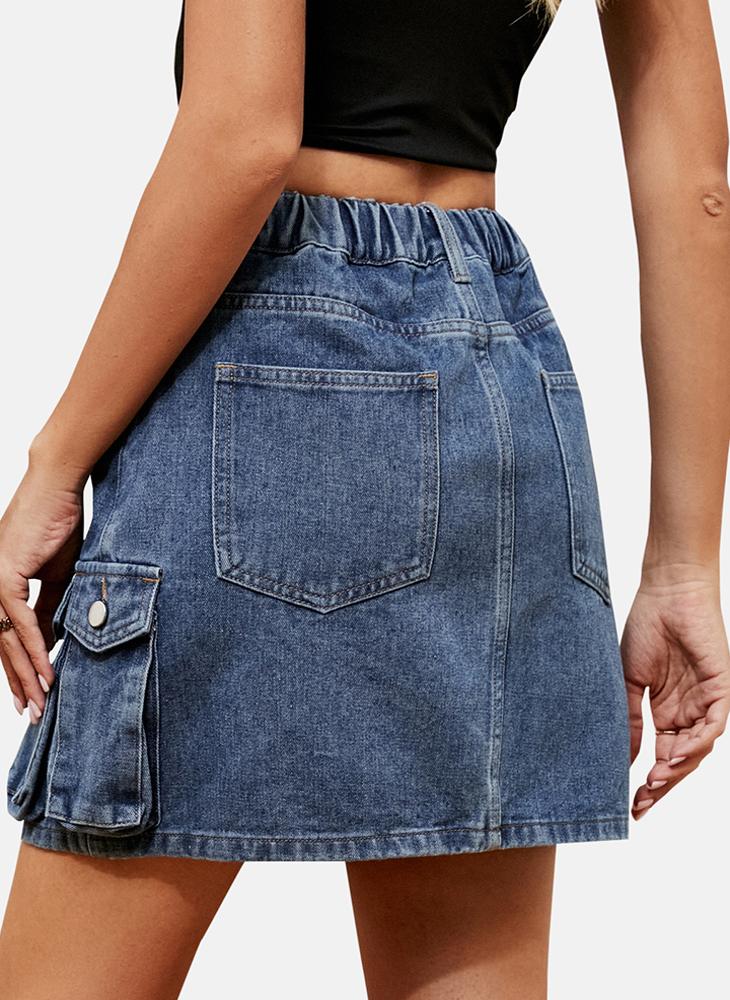 Blue Mid Rise Plain Mini Skirt