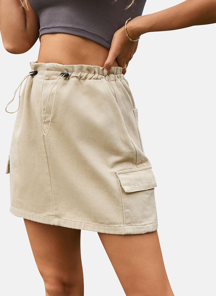Beige Mid Rise Plain Mini Skirt