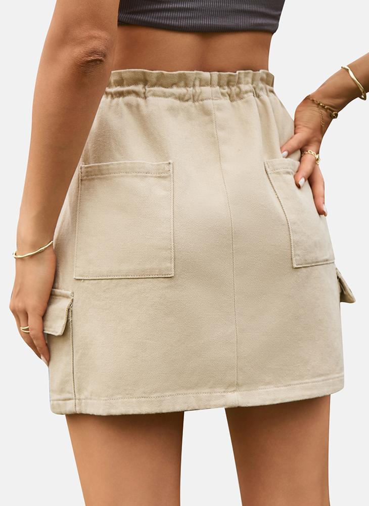Beige Mid Rise Plain Mini Skirt
