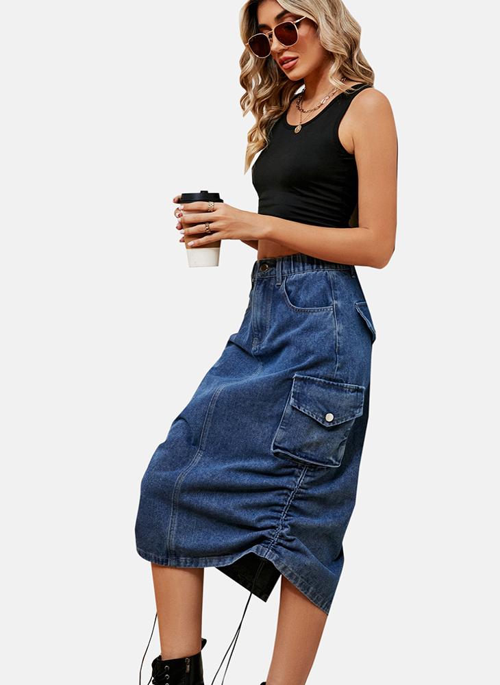 Blue Mid Rise Plain Midi Skirt