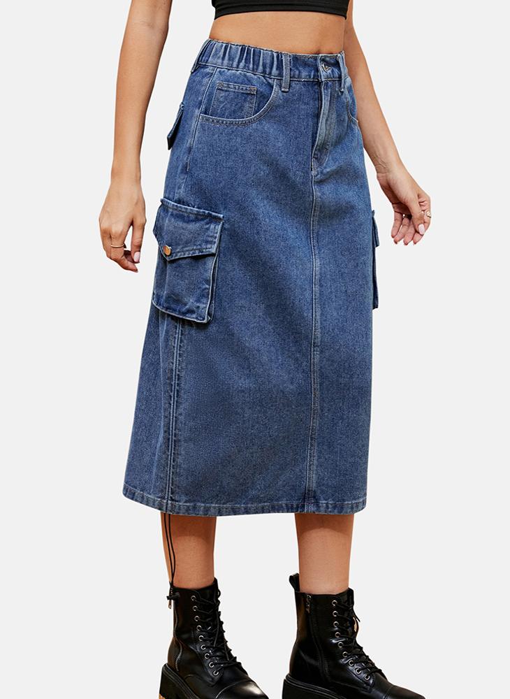 Blue Mid Rise Plain Midi Skirt