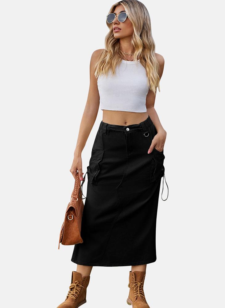 Black Mid Rise Plain Midi Skirt