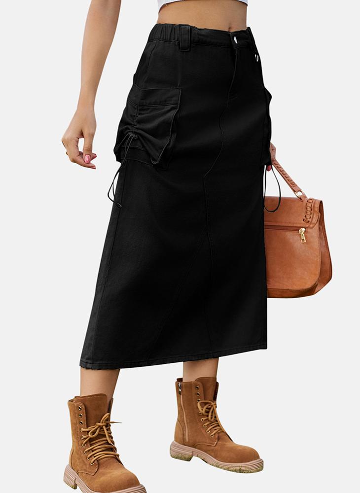 Black Mid Rise Plain Midi Skirt