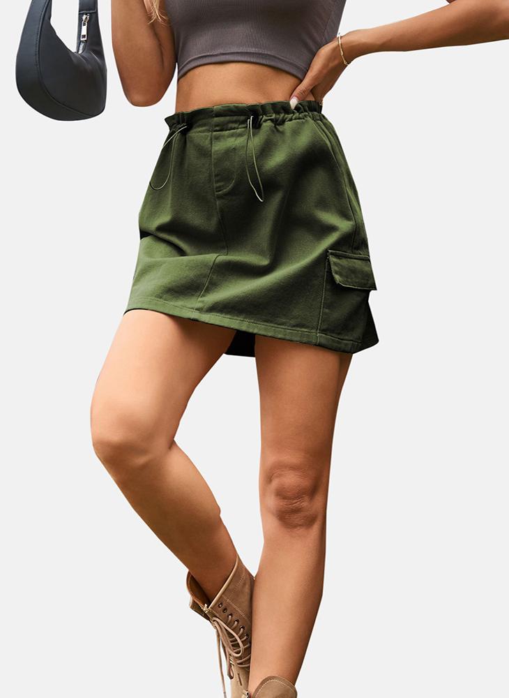 Green Mid Rise Plain Mini Skirt