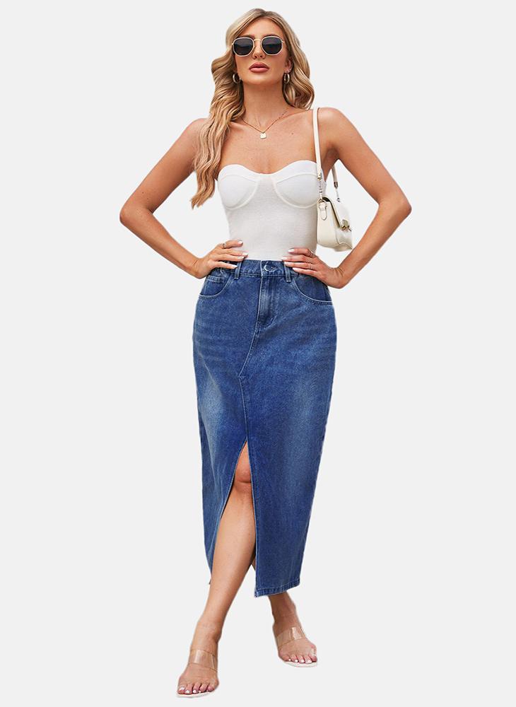 Blue Mid Rise Plain Midi Skirt