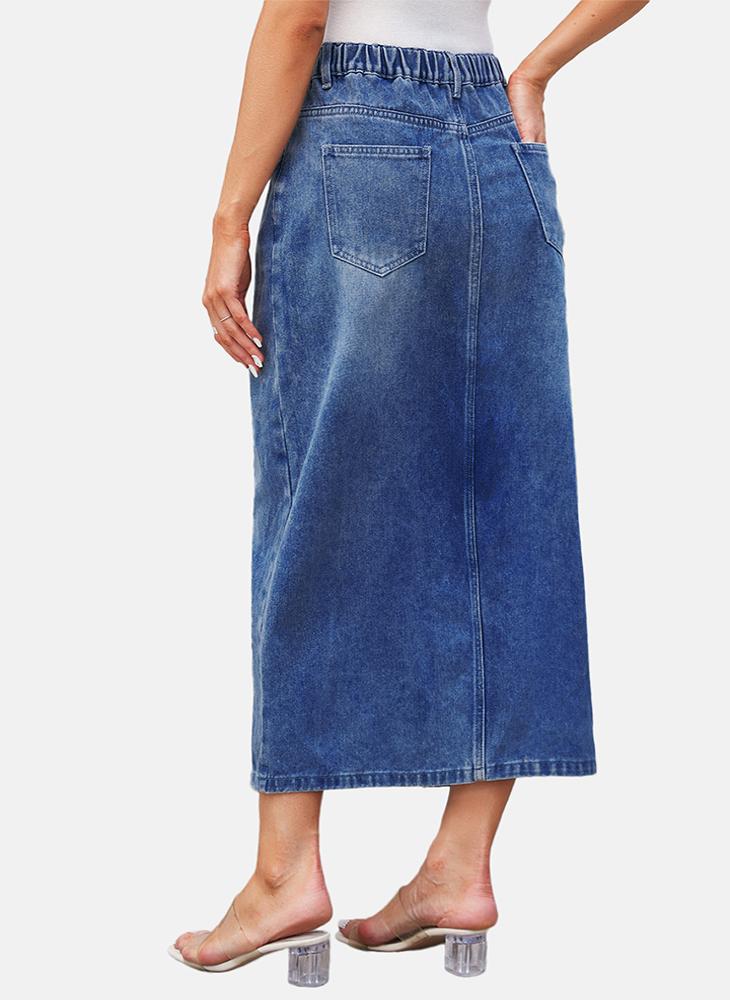 Blue Mid Rise Plain Midi Skirt