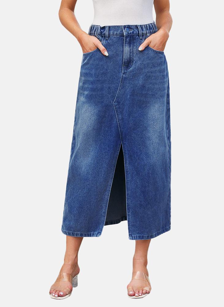 Blue Mid Rise Plain Midi Skirt