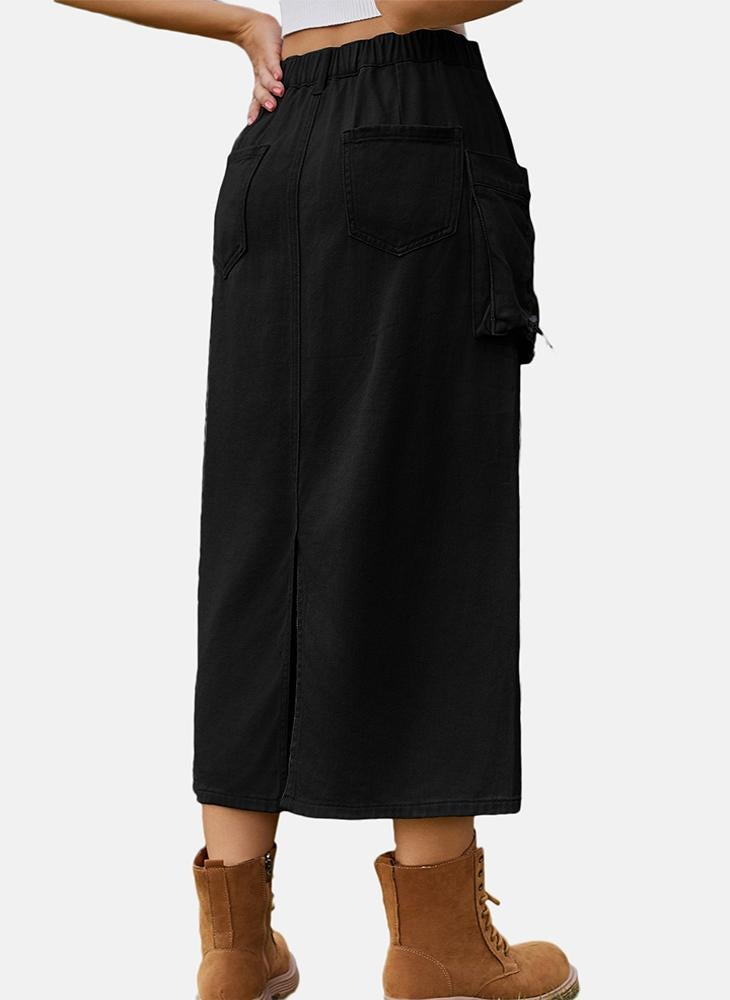 Black Mid Rise Plain Midi Skirt