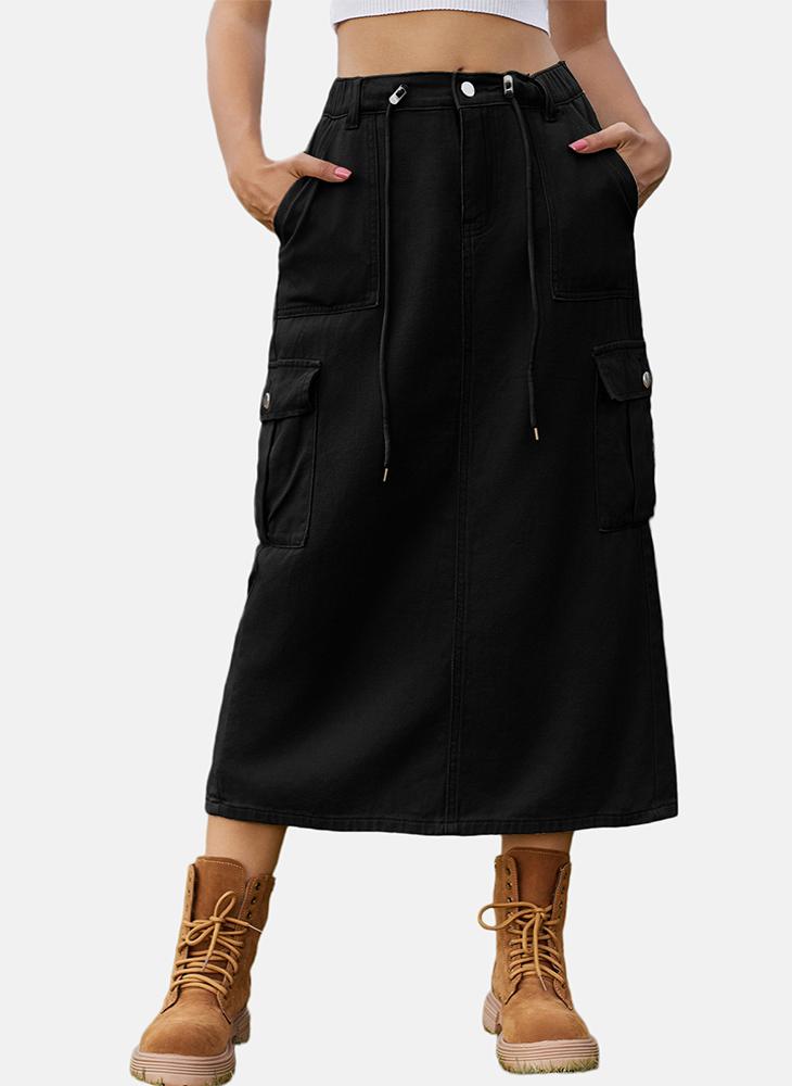 Black Mid Rise Plain Midi Skirt