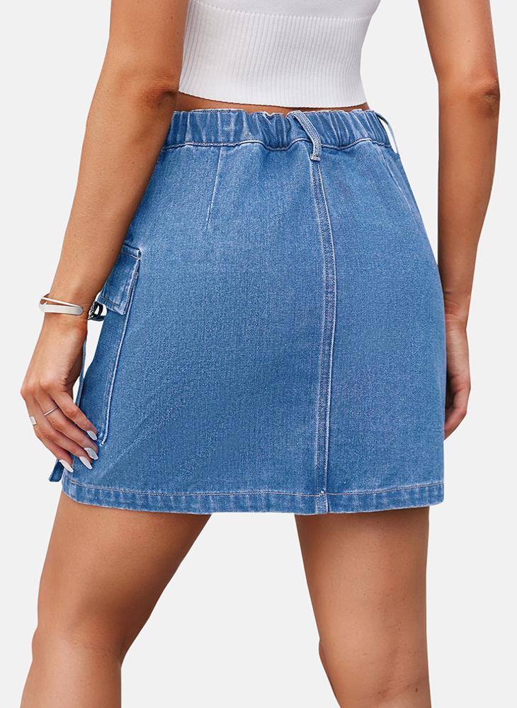 Blue Mid Rise Plain Mini Skirt