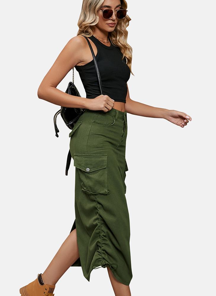 Green Mid Rise Plain Midi Skirt