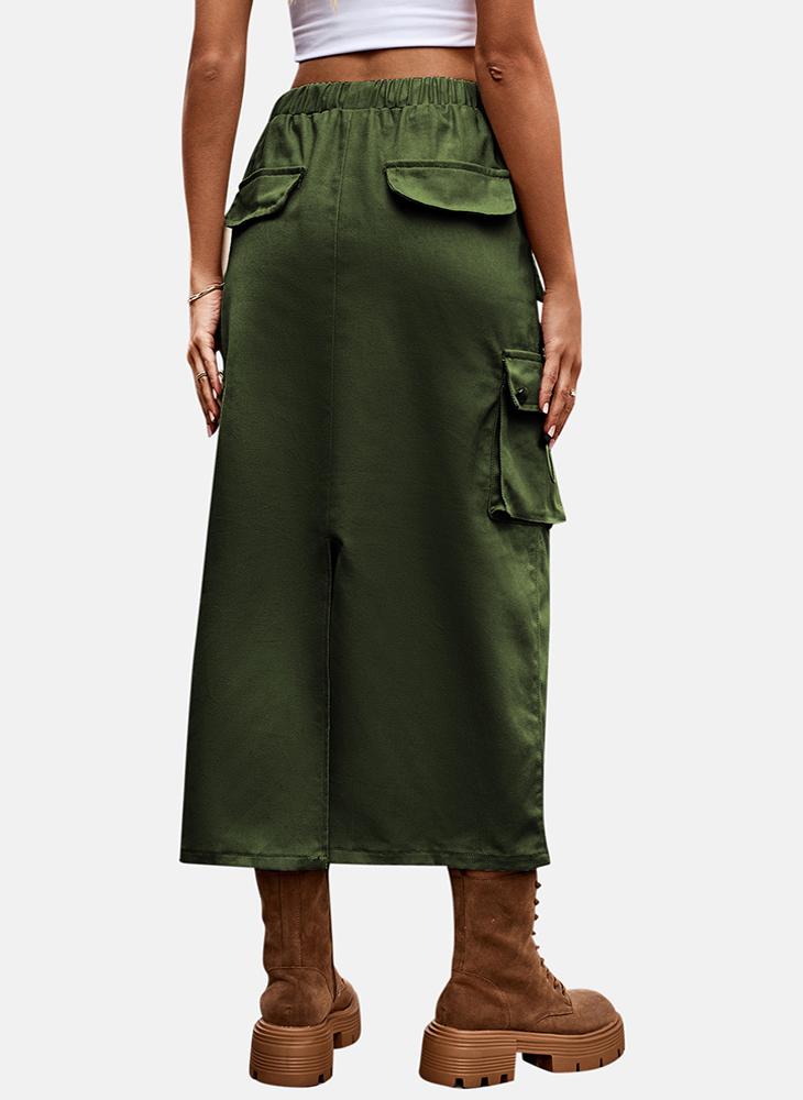 Green Mid Rise Plain Midi Skirt