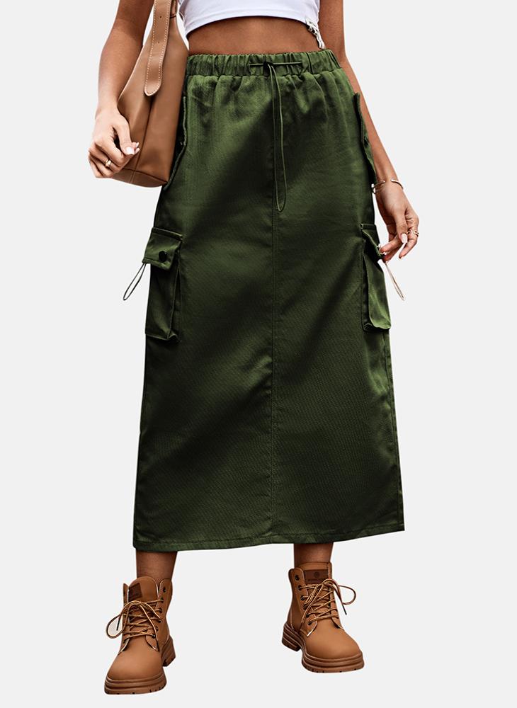 Green Mid Rise Plain Midi Skirt